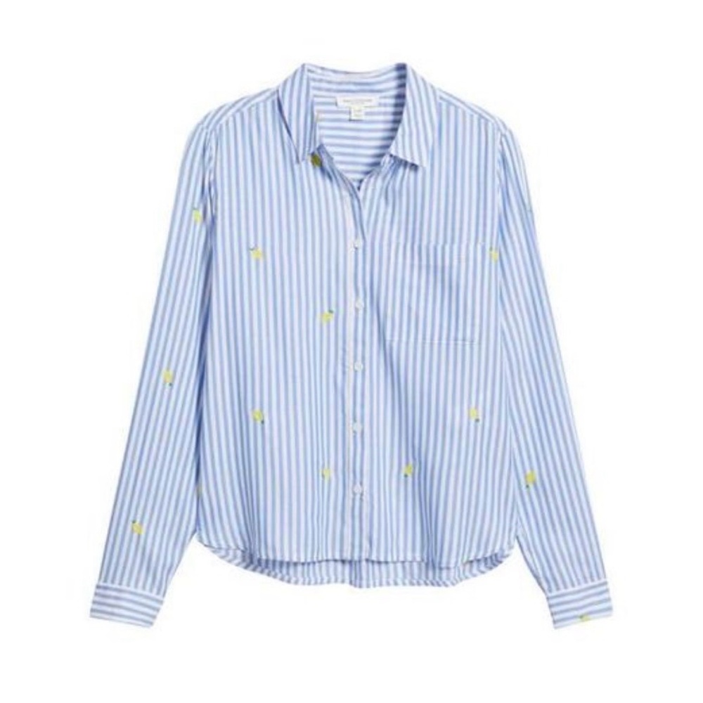 Beach Lunch Lounge Women's Blue Striped Caitlin Embroidered Lemon Shirt XS